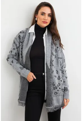 Kadın Gri Desenli Triko Hırka MVI14209