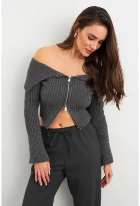 Kadın Gri Devrik Yaka Kısa Hırka TEM103