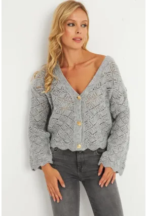 Kadın Gri Düğme Detaylı Hırka YV276