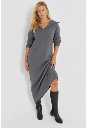 Kadın Gri Fermuarlı Triko Maxi Elbise SF2525