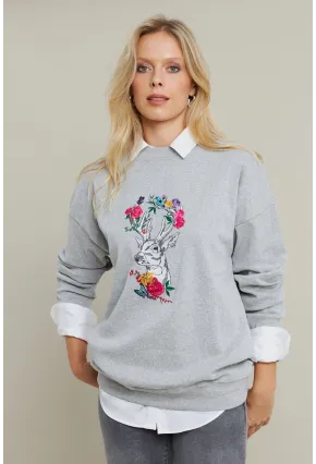 Kadın Gri-Fuşya Nakışlı Sweatshirt YLE20