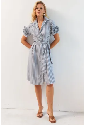 Kadın Gri Gül Detaylı Midi Gömlek Elbise SF12812