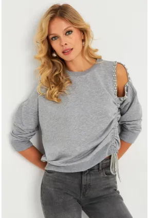 Kadın Gri İnci Detaylı Büzgülü Sweatshirt RLO04