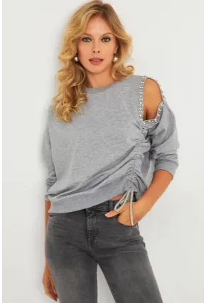 Kadın Gri İnci Detaylı Büzgülü Sweatshirt RLO04