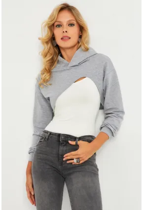 Kadın Gri Kapüşonlu Crop Sweatshirt  TF03