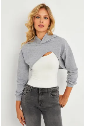 Kadın Gri Kapüşonlu Crop Sweatshirt  TF03