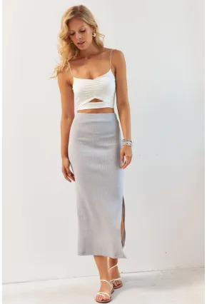 Kadın Gri Kaşkorse Midi Etek XL2034