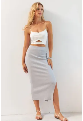 Kadın Gri Kaşkorse Midi Etek XL2034