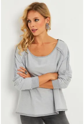 Kadın Gri Kayık Yaka Ters Dikişli Sweatshirt TF10