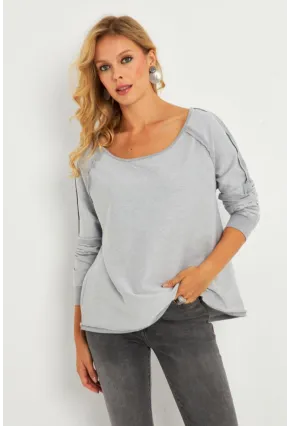 Kadın Gri Kayık Yaka Ters Dikişli Sweatshirt TF10
