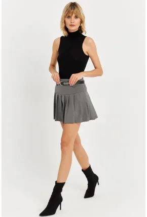 Kadın Gri Kemerli Pilili Mini Etek ELA6024