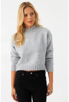 Kadın Gri Kısa Triko Kazak YV301