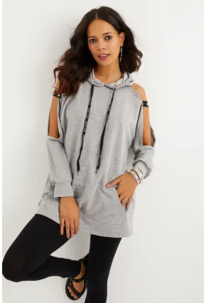 Kadın Gri Kolları Açık Kapüşonlu Sweatshirt Yİ2356