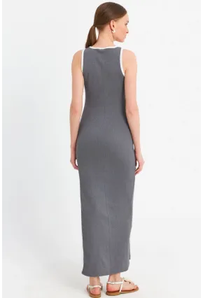 Kadın Gri Kontrast Biyeli Yırtmaçlı Maxi Elbise OR2087