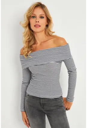 Kadın Gri Madonna Yaka Çizgili Bluz XL2400