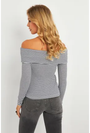 Kadın Gri Madonna Yaka Çizgili Bluz XL2400