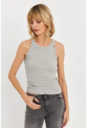 Kadın Gri Melanj Düğme Detaylı Kolsuz Kaşkorse Bluz TF55