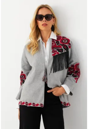 Kadın Gri Nakışlı Kaşe Ceket MQS5563
