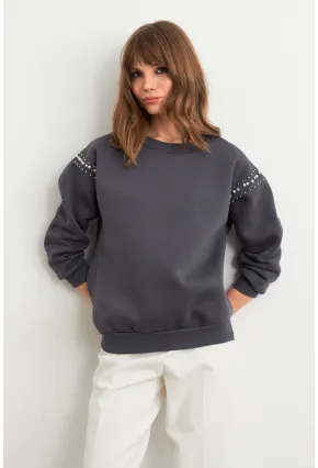 Kadın Gri Omuzları İnci Detaylı Sweatshirt MDY1424