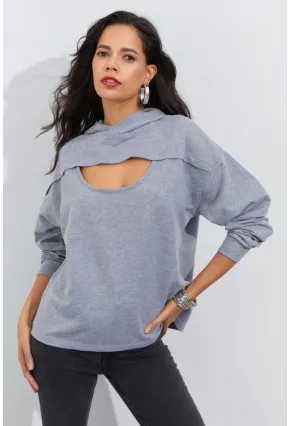 Kadın Gri Önü Pencereli Kapüşonlu Sweatshirt Yİ2486