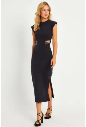 Kadın Gri Pencereli Aksesuarlı Midi Elbise YLE22