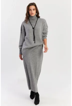 Kadın Gri Plili Alt Üst Triko Takım SF2554