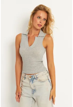 Kadın Gri Polo Yaka Kaşkorse Bluz MK10