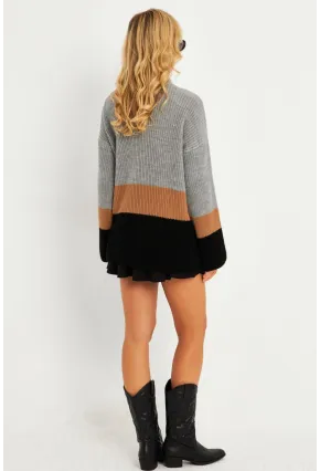 Kadın Gri Renk Bloklu Kazak YV277