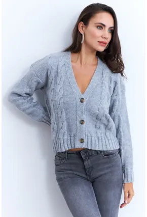 Kadın Gri Saç Örgülü Hırka YV295