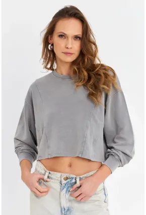 Kadın Gri Salaş Crop Sweatshirt ZH08
