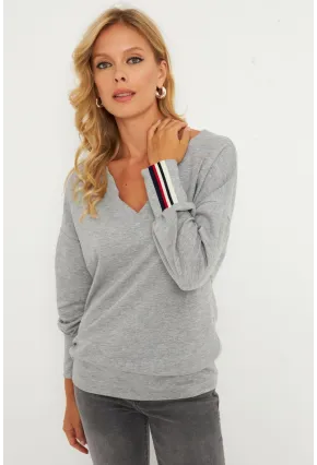 Kadın Gri Şerit Detaylı V Yaka Sweatshirt  EY2905