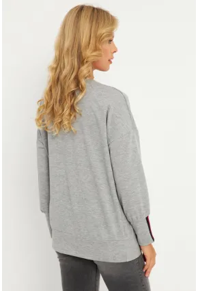 Kadın Gri Şerit Detaylı V Yaka Sweatshirt  EY2905