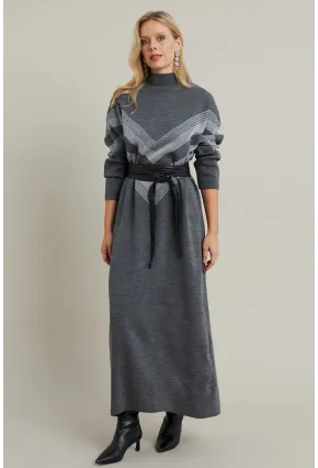 Kadın Gri Simli Maxi Triko Elbise MTC3215