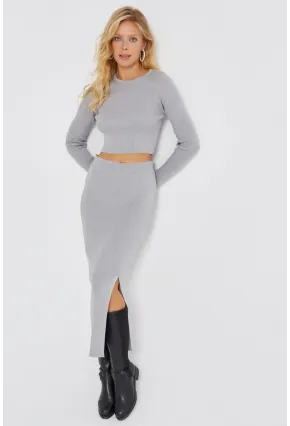 Kadın Gri Simli Triko Etek Takım KZ2497