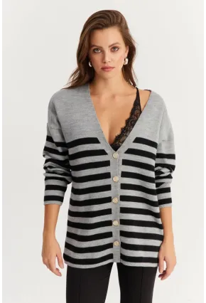 Kadın Gri-Sıyah Çizgili Triko Hırka CNG3