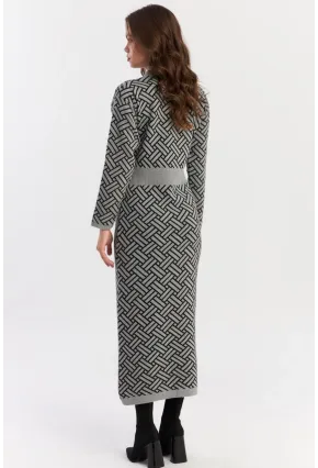 Kadın Gri-Siyah Düğme Aksesuarlı Desenli Maxi Elbise NUV41