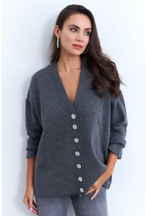 Kadın Gri Taşlı Düğmeli Hırka MİW4572