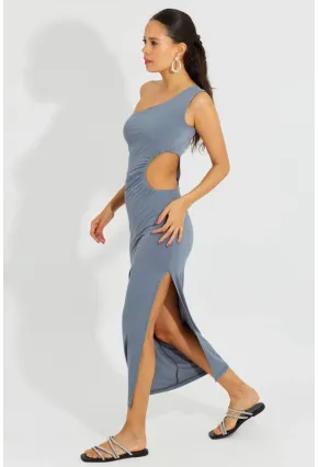 Kadın Gri Tek Omuz Yırtmaçlı Maxi Elbise B2629