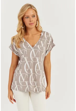 Kadın Gri V Yaka Desenli Bluz AYD293