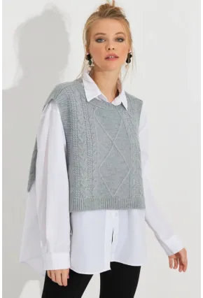 Kadın Gri Yanları Bağlamalı Süveter YV210