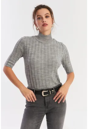 Kadın Gri Yarım Balıkçı Triko Bluz YV287