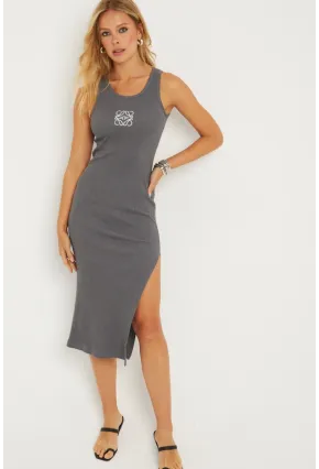 Kadın Gri Yırtmaçlı Kaşkorse Midi Elbise XL2011