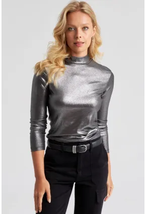 Kadın Gümüş Rengi Parlak Bluz LPP1245