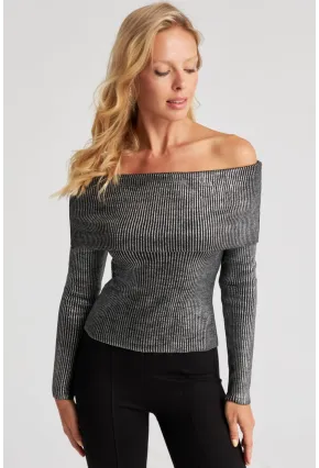 Kadın Gümüş Rengi Varaklı Madonna Triko Bluz SF2523