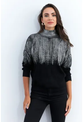 Kadın Gümüş-Siyah Balıkçı Yaka Varaklı Kazak RM07