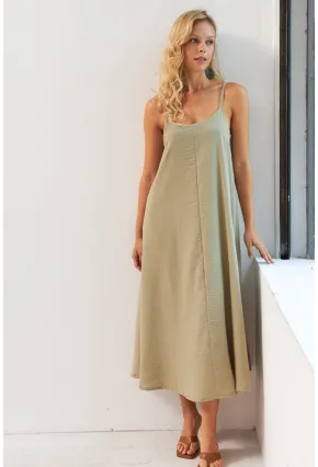 Kadın Haki Ayarlanabilir Askılı Midi Keten Elbise DMR355