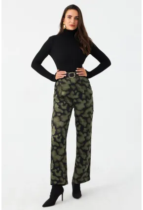 Kadın Haki Batik Desenli Saten Pantolon CAR1069