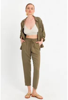 Kadın Haki Beli Lastikli Tensel Pantolon SUN201