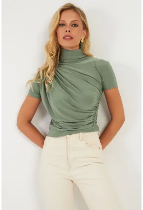 Kadın Haki Büzgülü Bluz LPP1287