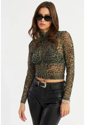 Kadın Haki Büzgülü Leopar Tül Bluz AYD379